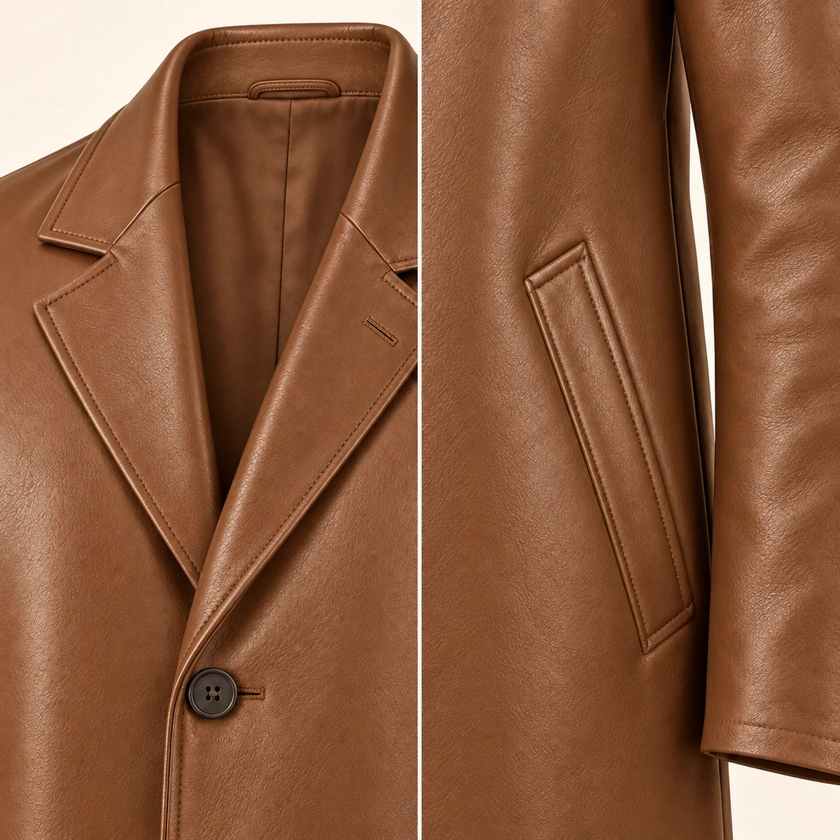 Idris men's tan long leather coat, notch lapel and welt pocket close-up