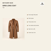 Idris men's tan long leather coat, illustrated key construction features