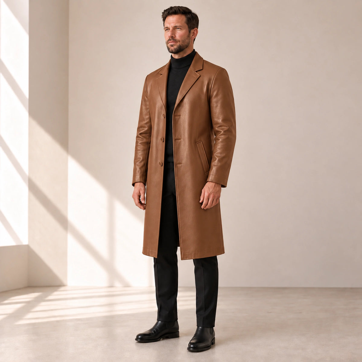 Idris men's tan long leather coat, right three-quarter view on model