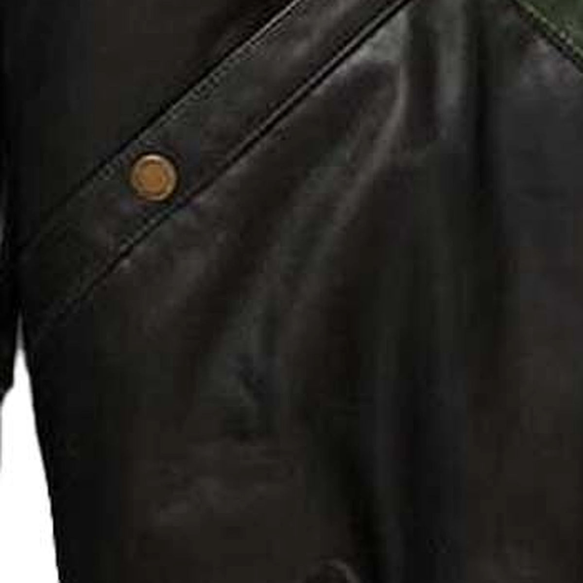 Close-up of leather texture of the MOTOGRIP black, red and green lambskin leather puffer jacket, showing its black body with red and green V panels.