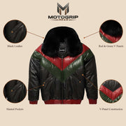 Detail infographic of the MOTOGRIP black, red and green lambskin leather puffer jacket, showing its black body with red and green V panels.
