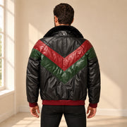 Back model view of the MOTOGRIP black, red and green lambskin leather puffer jacket, showing its black body with red and green V panels.
