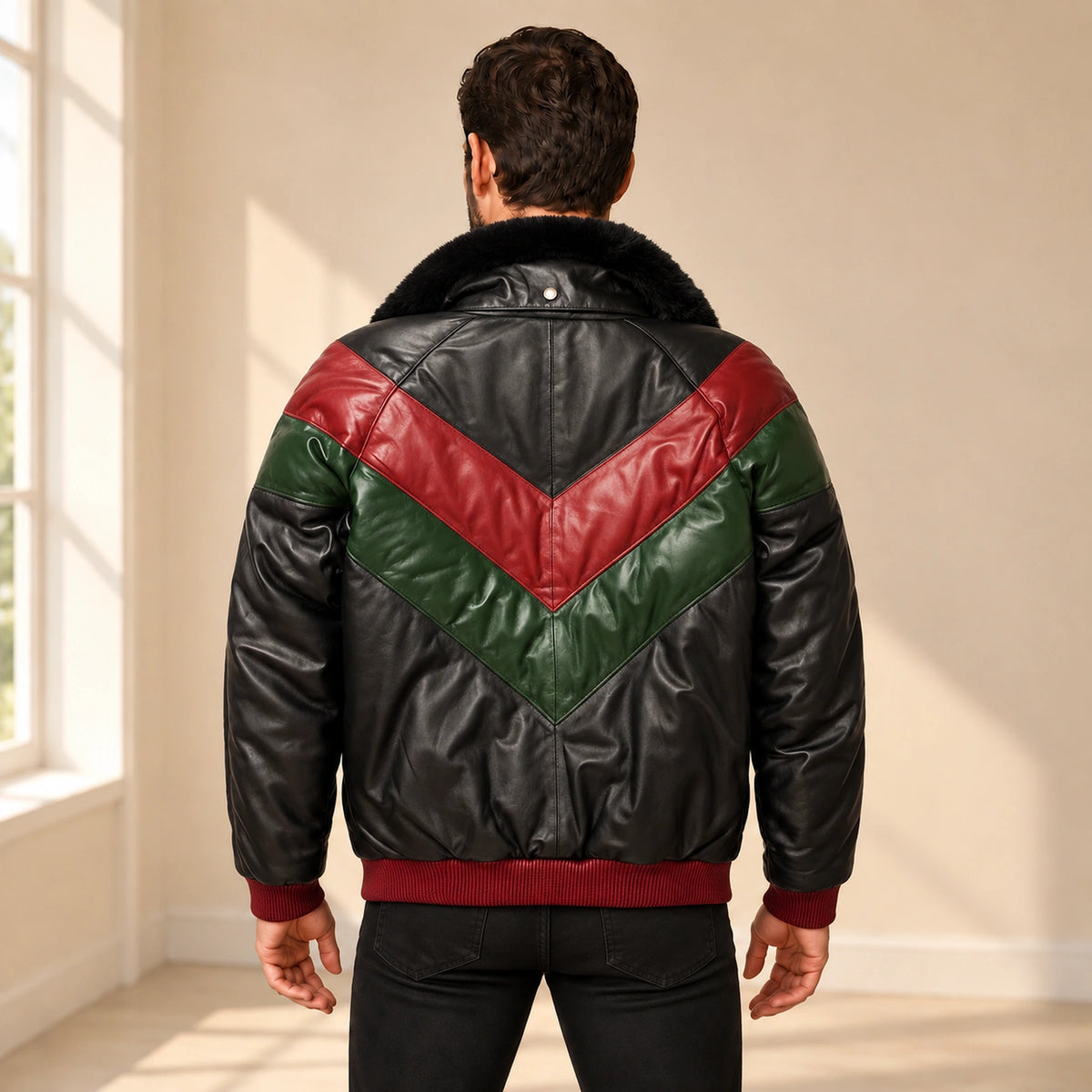 Back model view of the MOTOGRIP black, red and green lambskin leather puffer jacket, showing its black body with red and green V panels.