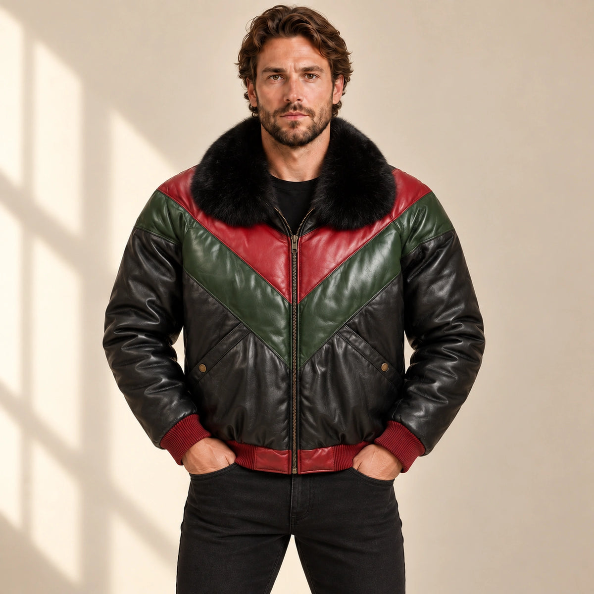 Front model view of the MOTOGRIP black, red and green lambskin leather puffer jacket, showing its black body with red and green V panels.