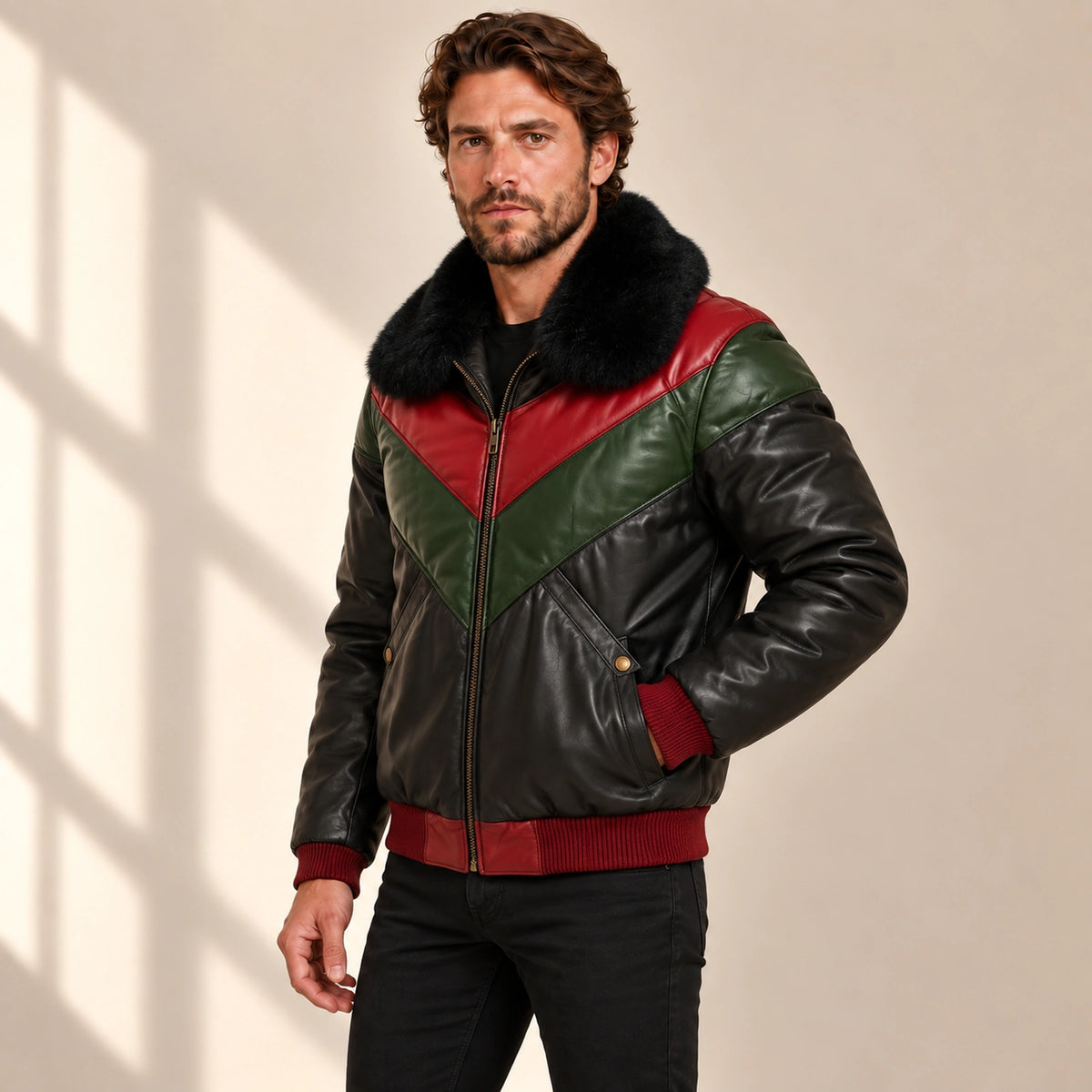 Three-quarter model view of the MOTOGRIP black, red and green lambskin leather puffer jacket, showing its black body with red and green V panels.