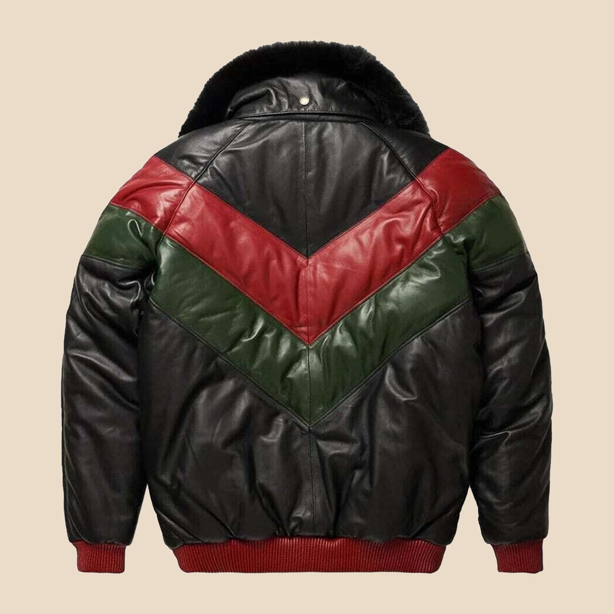 Back view of the MOTOGRIP black, red and green lambskin leather puffer jacket, showing its black body with red and green V panels.