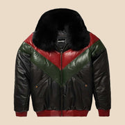 Front view of the MOTOGRIP black, red and green lambskin leather puffer jacket, showing its black body with red and green V panels.