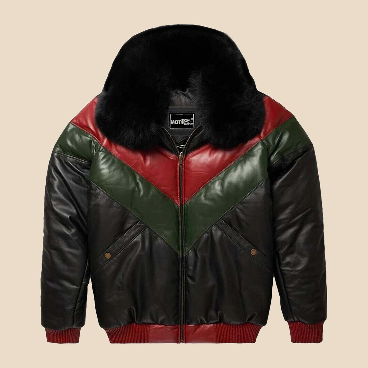 Front view of the MOTOGRIP black, red and green lambskin leather puffer jacket, showing its black body with red and green V panels.