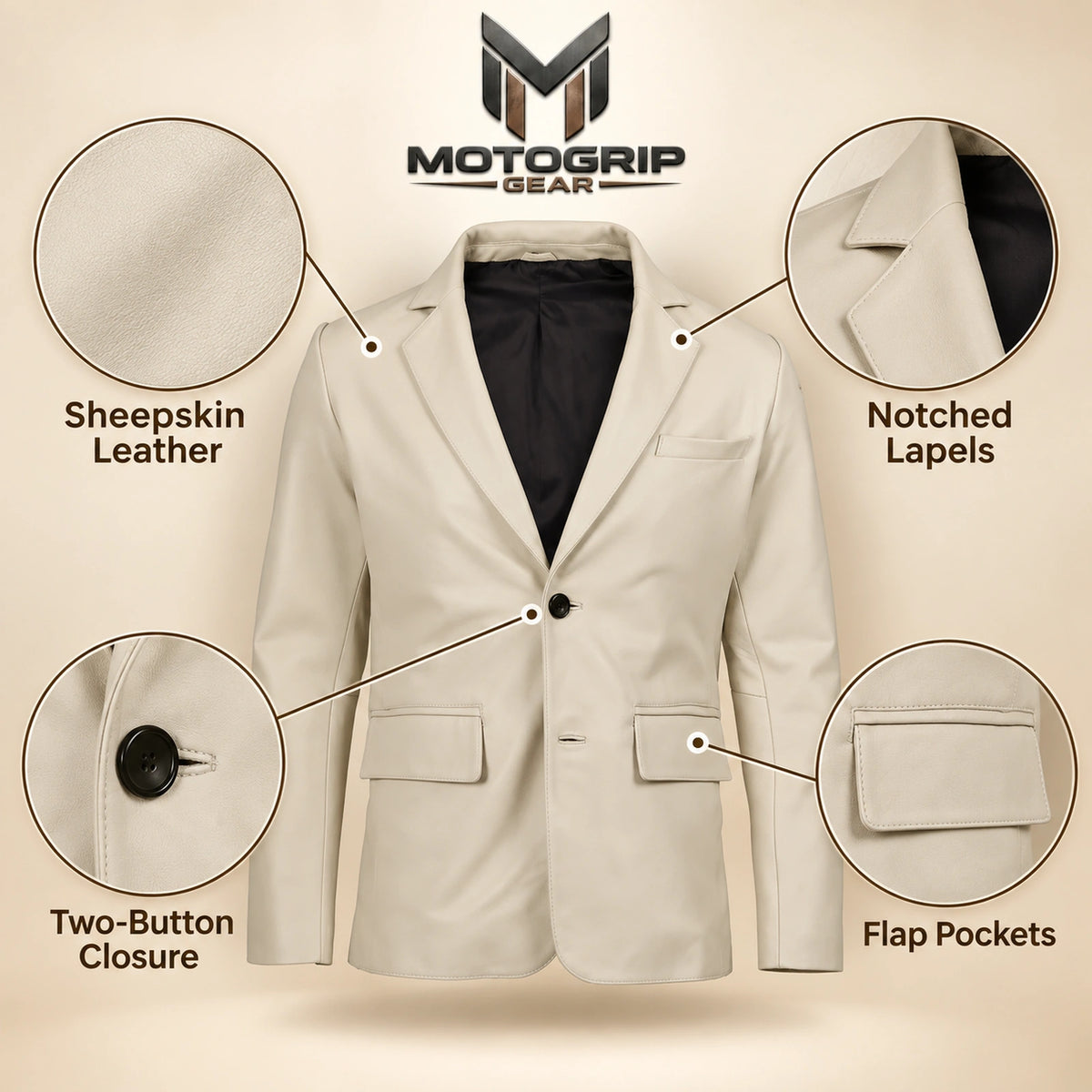 MOTOGRIP Ivorymere men's Off White Sheepskin Leather Blazer, feature infographic.