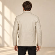 MOTOGRIP Ivorymere men's Off White Sheepskin Leather Blazer, back view on a model.