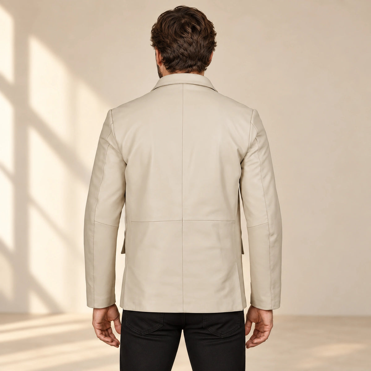 MOTOGRIP Ivorymere men's Off White Sheepskin Leather Blazer, back view on a model.