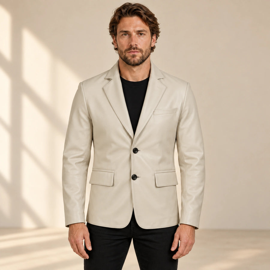MOTOGRIP Ivorymere men's Off White Sheepskin Leather Blazer, front view on a model.