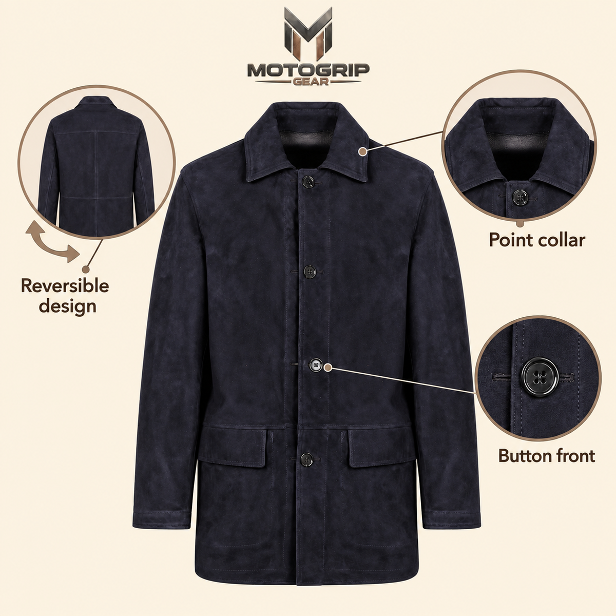 Feature diagram showing visible garment details of the Kelston men's blue reversible suede coat.