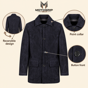 Feature diagram showing visible garment details of the Kelston men's blue reversible suede coat.