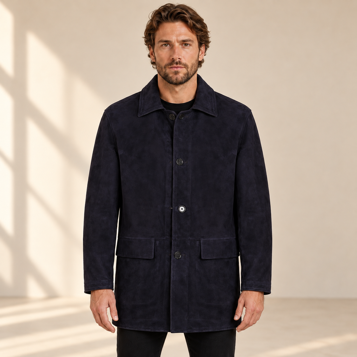 Front view worn by a male model of the Kelston men's blue reversible suede coat.