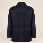 Straight rear product view of the Kelston men's blue reversible suede coat.