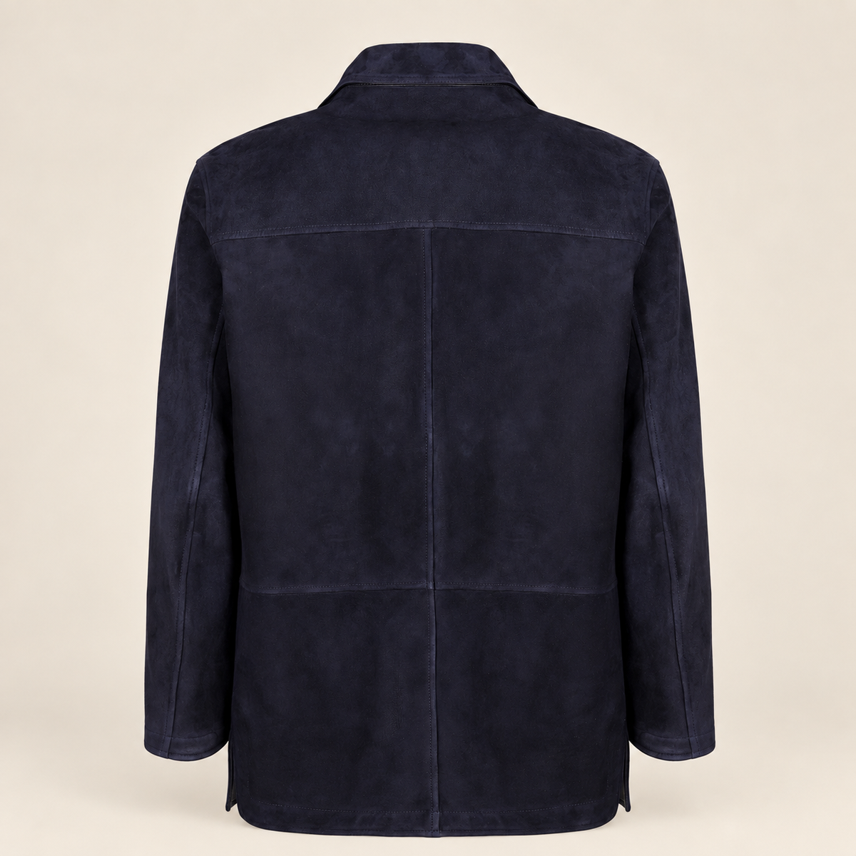 Straight rear product view of the Kelston men's blue reversible suede coat.