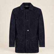 Straight front product view of the Kelston men's blue reversible suede coat.