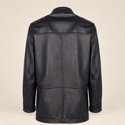 Rear view of the reversible leather side of the Kelston men's blue reversible suede coat.
