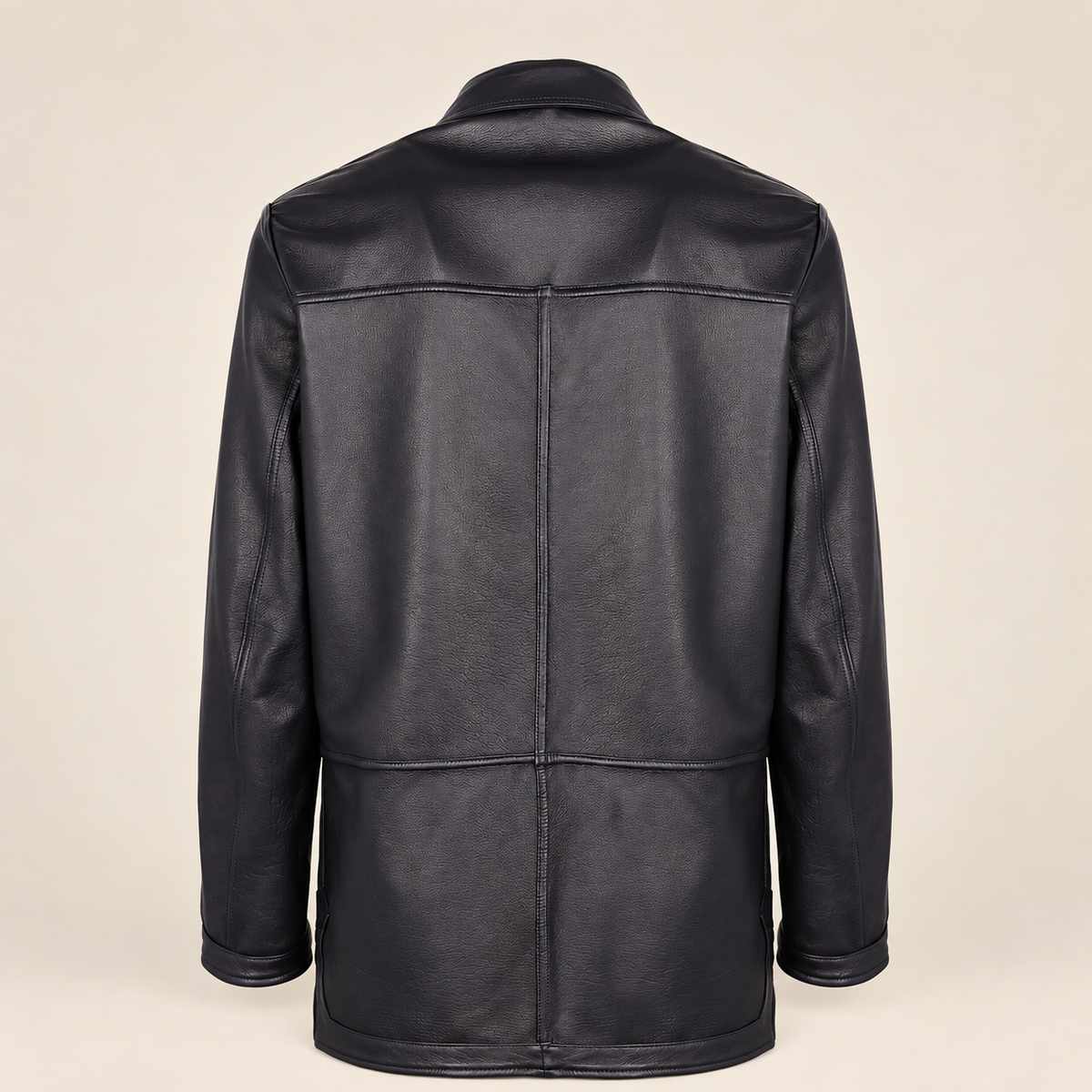 Rear view of the reversible leather side of the Kelston men's blue reversible suede coat.