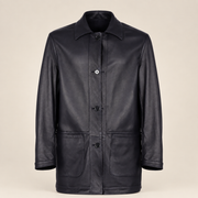 Front view of the reversible leather side of the Kelston men's blue reversible suede coat.