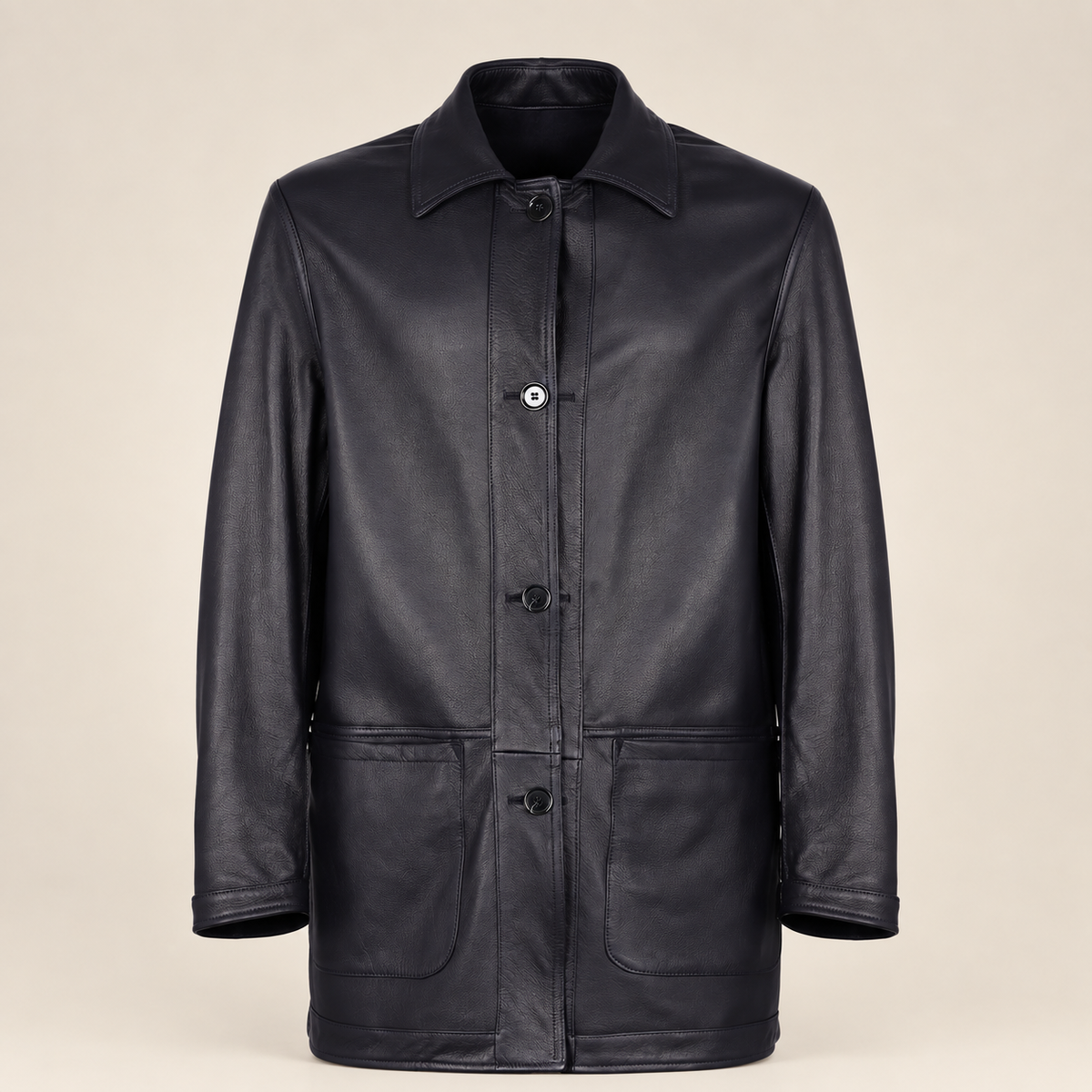 Front view of the reversible leather side of the Kelston men's blue reversible suede coat.