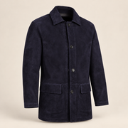 Three-quarter product view of the Kelston men's blue reversible suede coat.