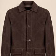 Close-up of the leather texture and construction of the Kelston men's brown reversible suede coat.