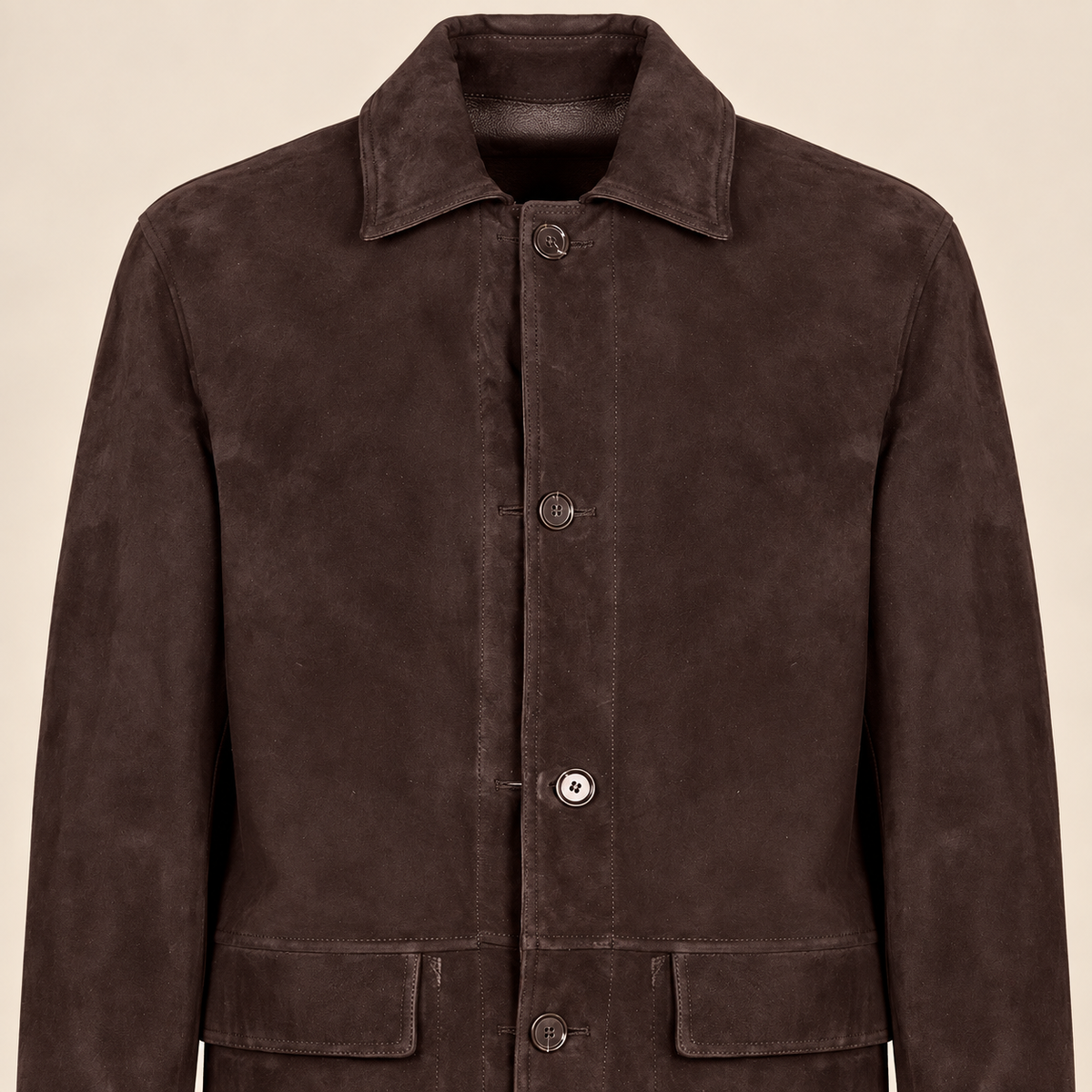 Close-up of the leather texture and construction of the Kelston men's brown reversible suede coat.