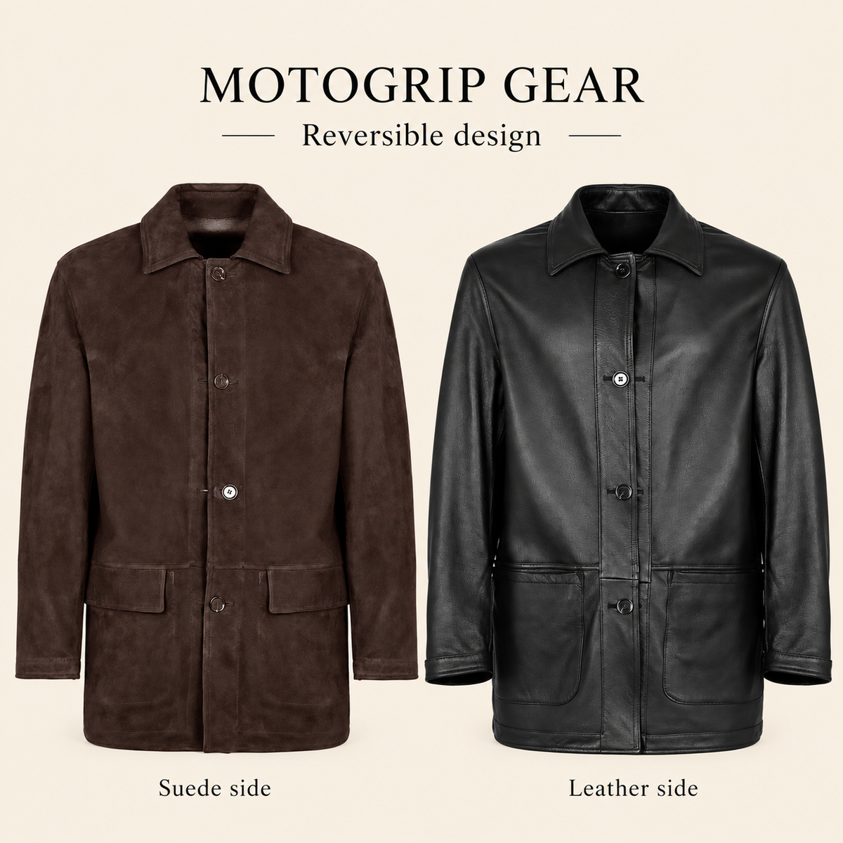 Feature diagram showing visible garment details of the Kelston men's brown reversible suede coat.