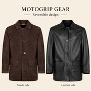 Feature diagram showing visible garment details of the Kelston men's brown reversible suede coat.