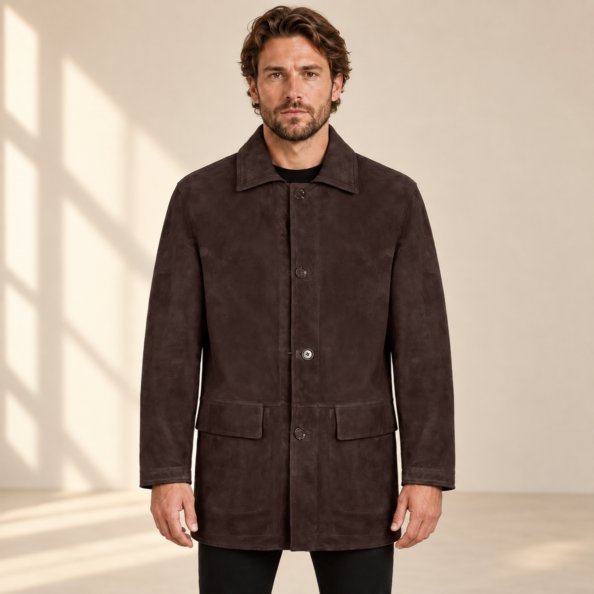 Front view worn by a male model of the Kelston men's brown reversible suede coat.
