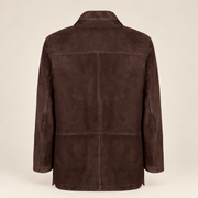 Straight rear product view of the Kelston men's brown reversible suede coat.