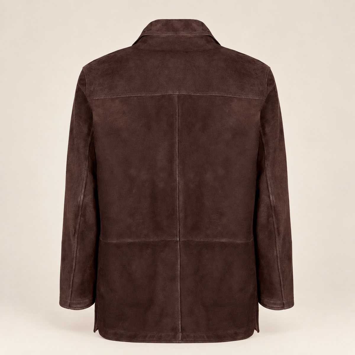 Straight rear product view of the Kelston men's brown reversible suede coat.