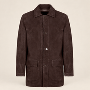Straight front product view of the Kelston men's brown reversible suede coat.