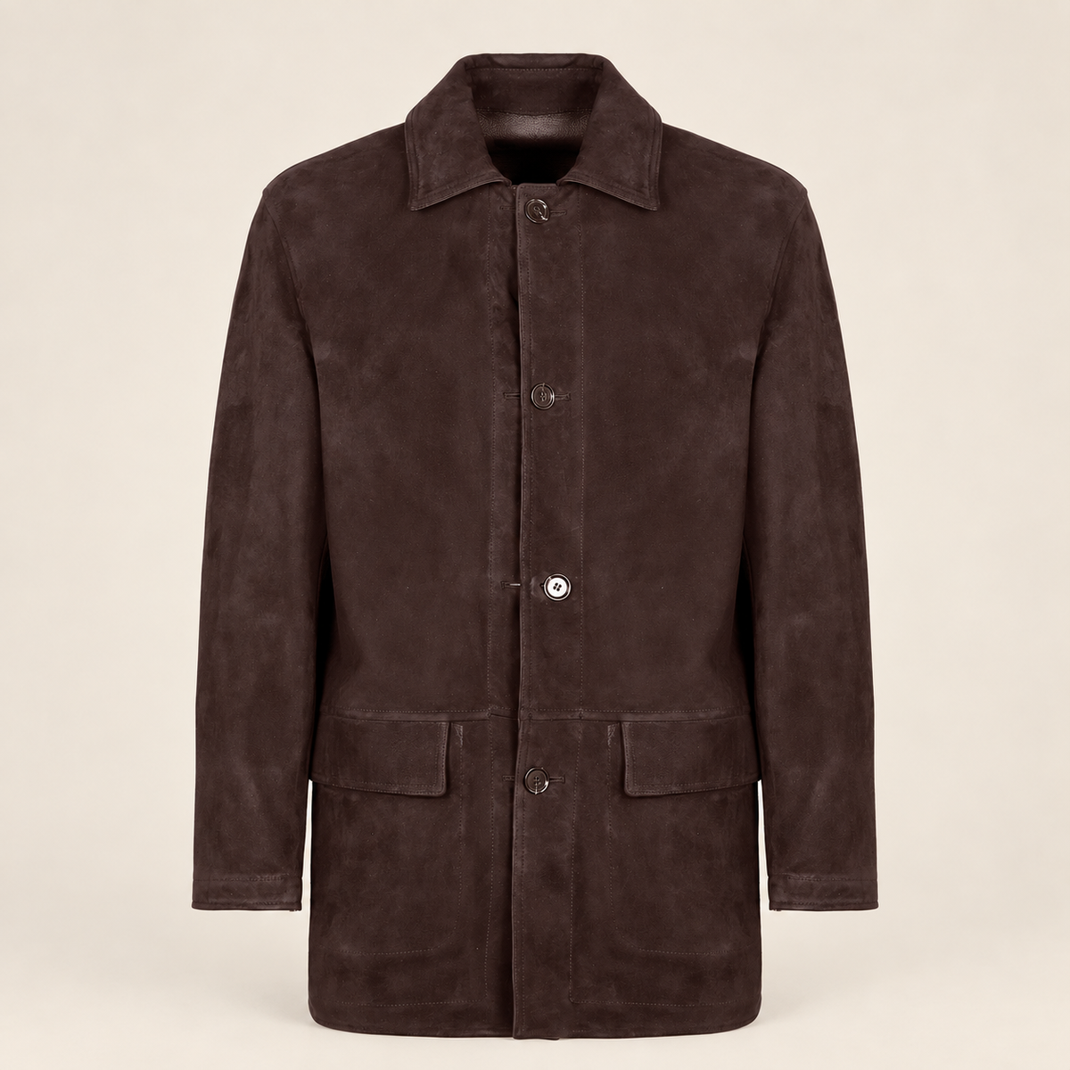 Straight front product view of the Kelston men's brown reversible suede coat.