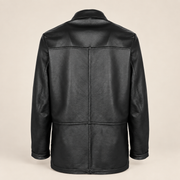 Rear view of the reversible leather side of the Kelston men's brown reversible suede coat.