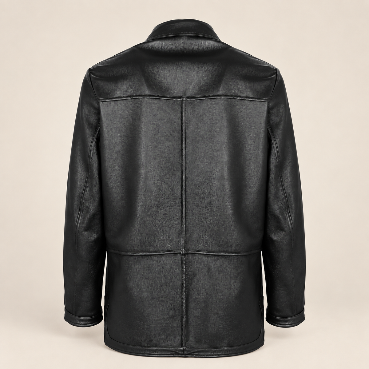 Rear view of the reversible leather side of the Kelston men's brown reversible suede coat.