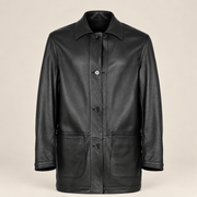Front view of the reversible leather side of the Kelston men's brown reversible suede coat.