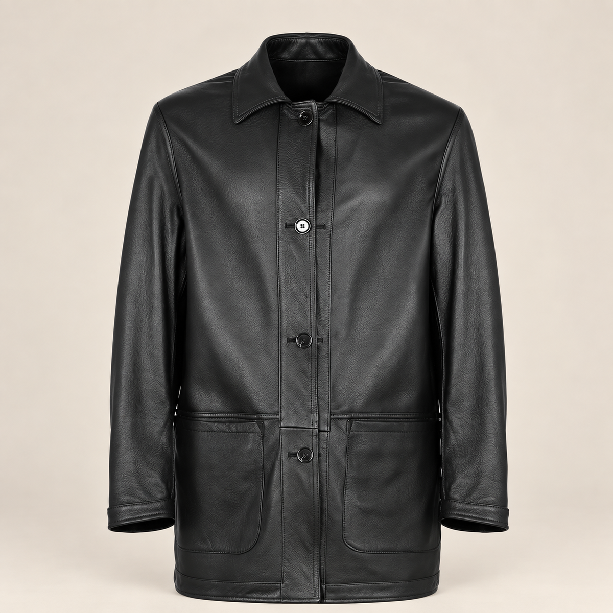 Front view of the reversible leather side of the Kelston men's brown reversible suede coat.