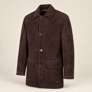 Three-quarter product view of the Kelston men's brown reversible suede coat.