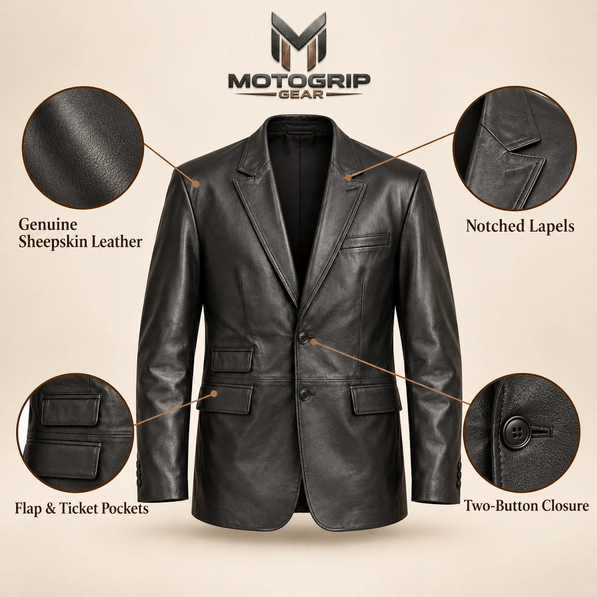 MOTOGRIP Kingsmere men's Black Ticket-Pocket Sheepskin Leather Blazer, feature infographic.