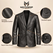 MOTOGRIP Kingsmere men's Black Ticket-Pocket Sheepskin Leather Blazer, feature infographic.
