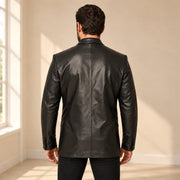 MOTOGRIP Kingsmere men's Black Ticket-Pocket Sheepskin Leather Blazer, back view on a model.