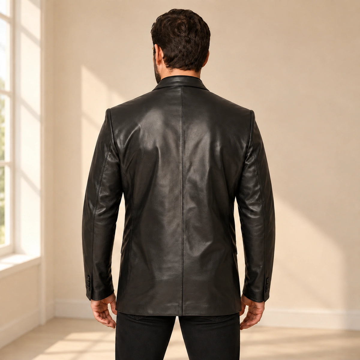 MOTOGRIP Kingsmere men's Black Ticket-Pocket Sheepskin Leather Blazer, back view on a model.