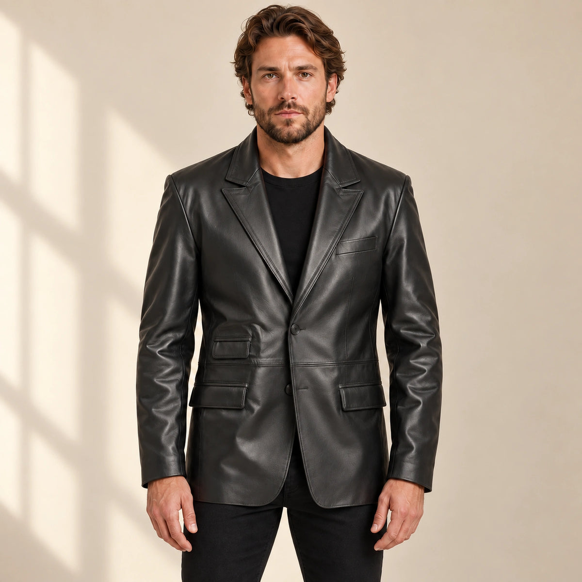 MOTOGRIP Kingsmere men's Black Ticket-Pocket Sheepskin Leather Blazer, front view on a model.