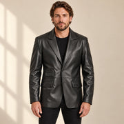 MOTOGRIP Kingsmere men's Black Ticket-Pocket Sheepskin Leather Blazer, front view on a model.