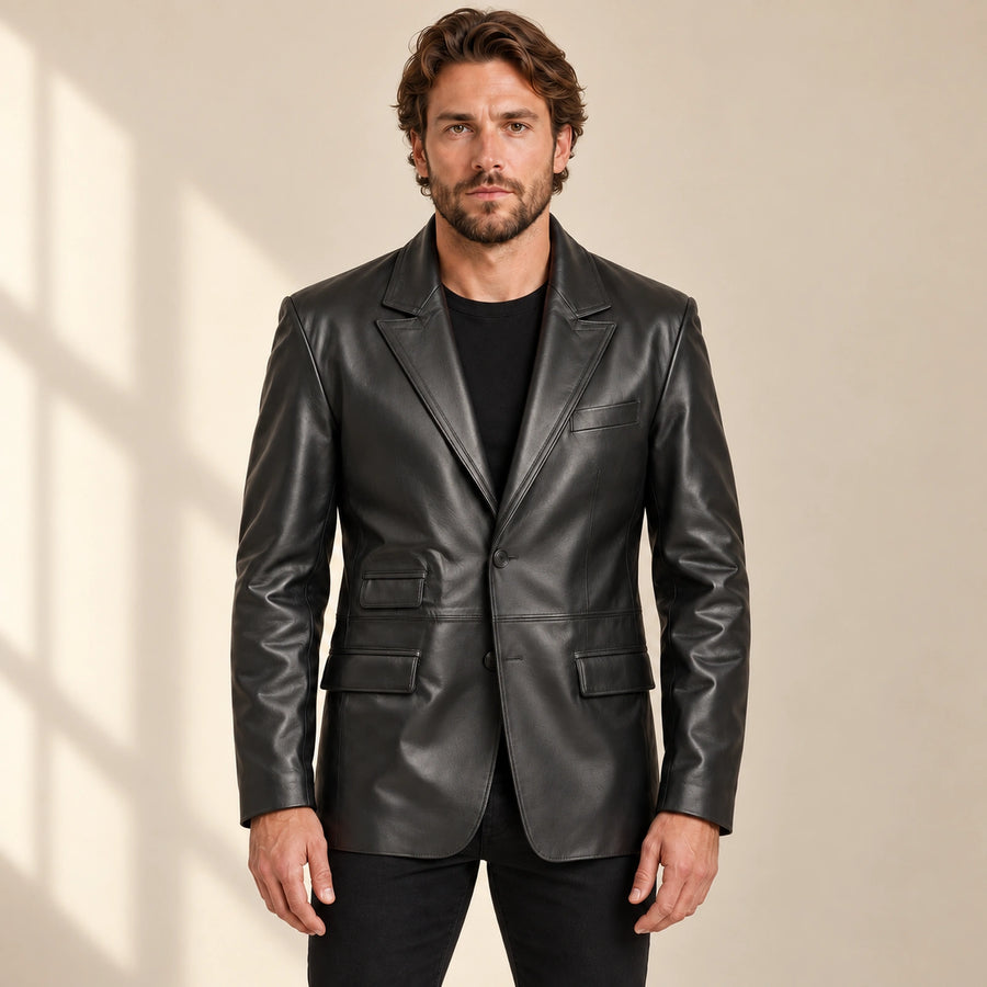 MOTOGRIP Kingsmere men's Black Ticket-Pocket Sheepskin Leather Blazer, front view on a model.