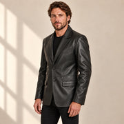 MOTOGRIP Kingsmere men's Black Ticket-Pocket Sheepskin Leather Blazer, three-quarter view on a model.
