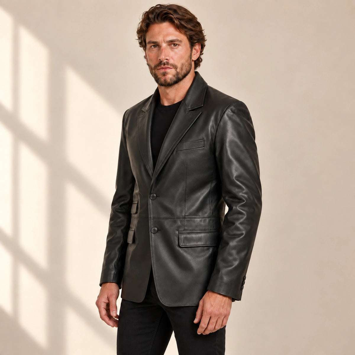 MOTOGRIP Kingsmere men's Black Ticket-Pocket Sheepskin Leather Blazer, three-quarter view on a model.